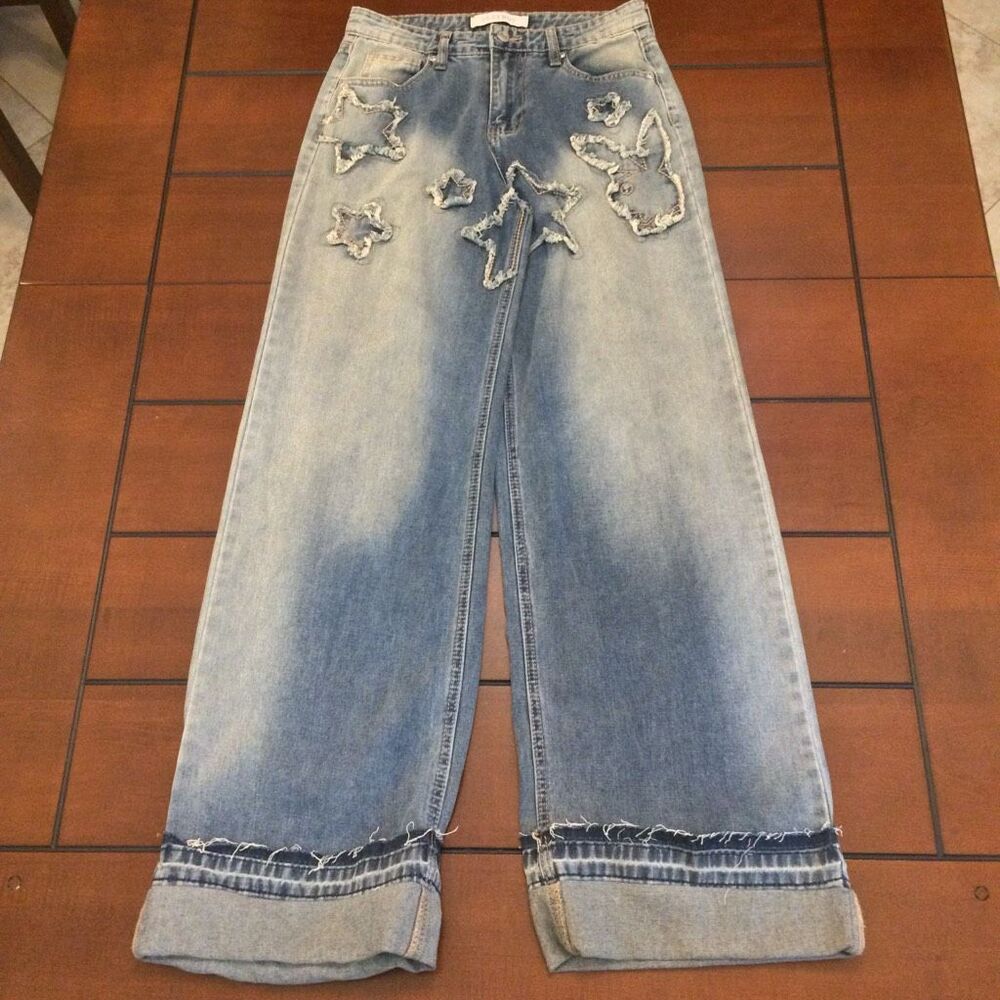 Playboy Distressed Star & Bunny Patch Wide Leg Jeans Y2K Style size 5